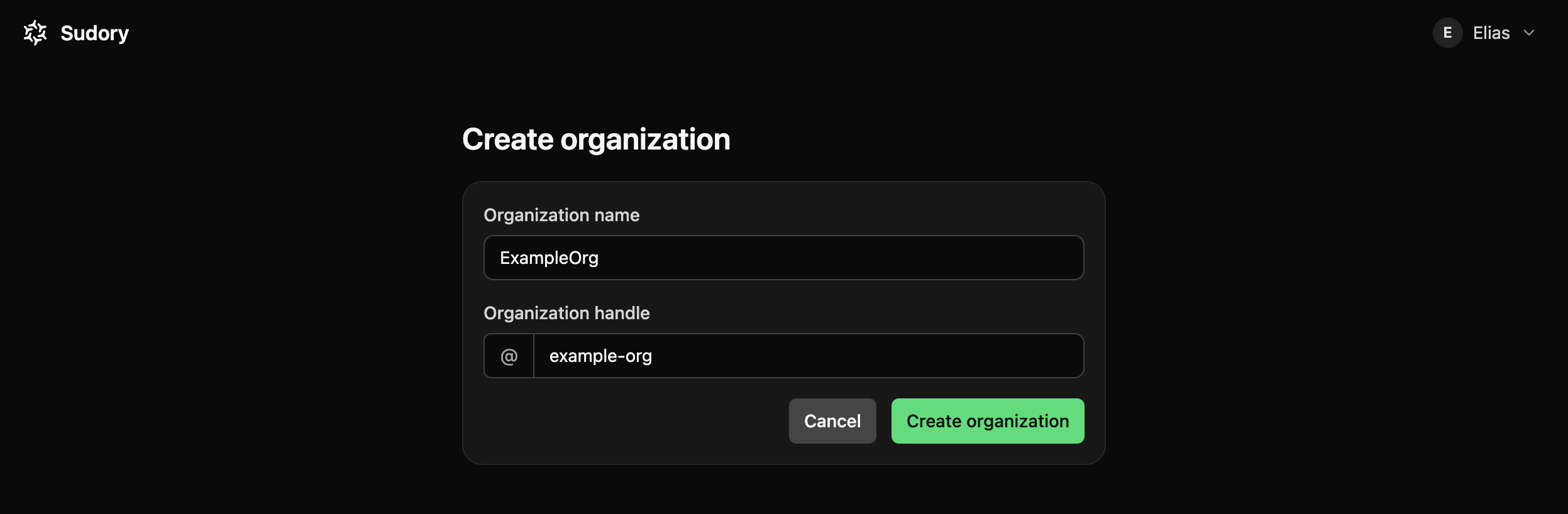 The Create organisation form, with fields for organisation name and handle.
